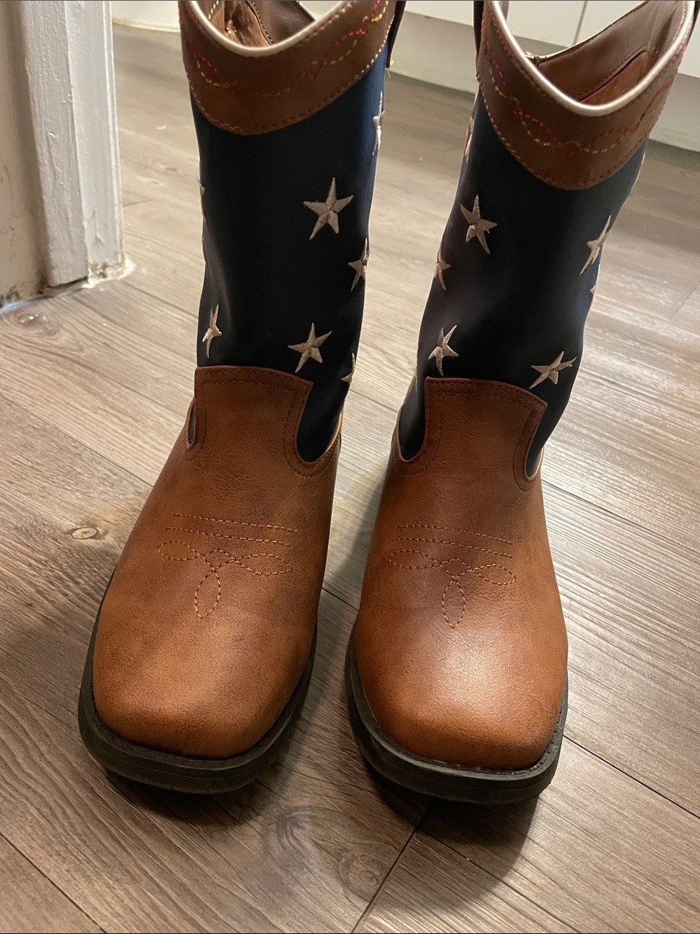 kids Brown and Navy Western Work Boots with Star Accent